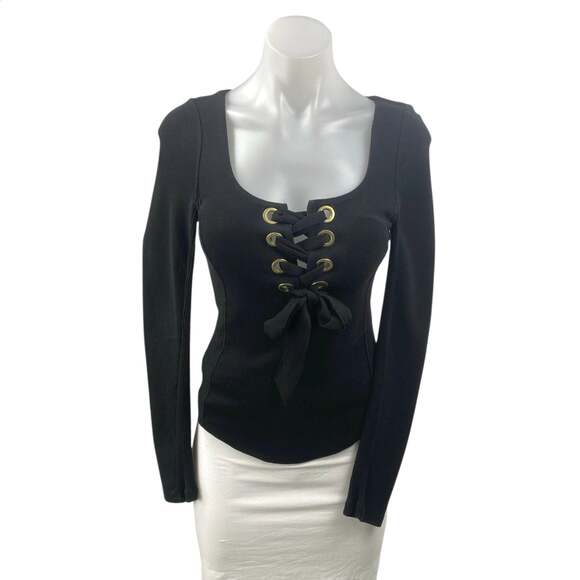 Free People Tops - Free People Looking Back Black Long Sleeve Lace Up Blouse T Shirt Top Size XS